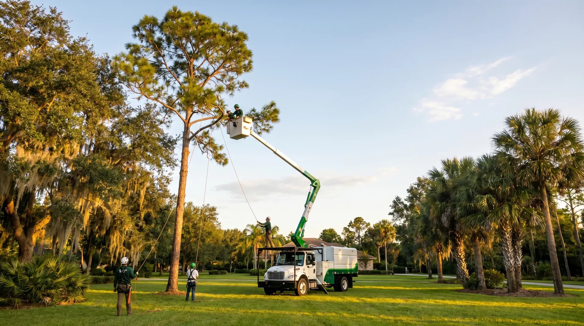 Eco Green bucket truck crew working a tall pine at golden hour